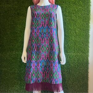 Vintage Missoni Silk Shift Dress Pink Green Blue Fringe Hem